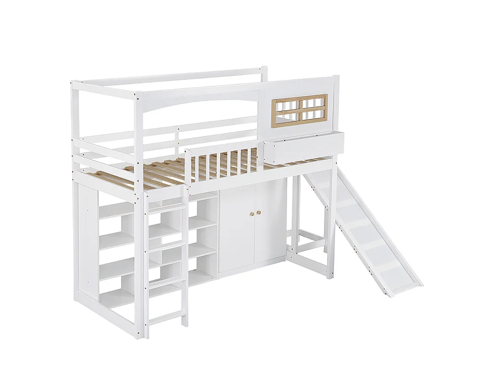 Lit mezzanine enfant 90 x 200 cm avec Toboggan, Armoire, Étagères de rangement, Échelle, Bois massif + MDF, Blanc
