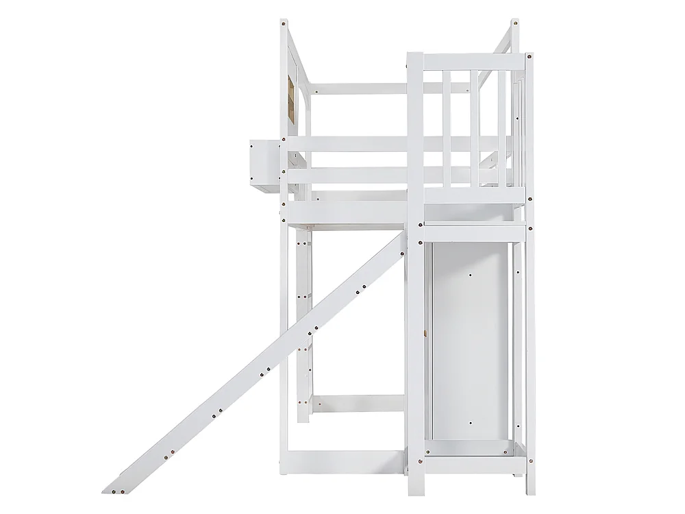 Lit mezzanine enfant 90 x 200 cm avec Toboggan, Armoire, Étagères de rangement, Échelle, Bois massif + MDF, Blanc