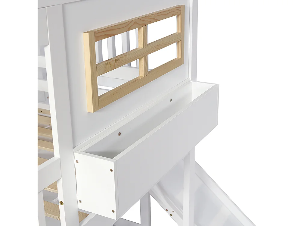 Lit mezzanine enfant 90 x 200 cm avec Toboggan, Armoire, Étagères de rangement, Échelle, Bois massif + MDF, Blanc