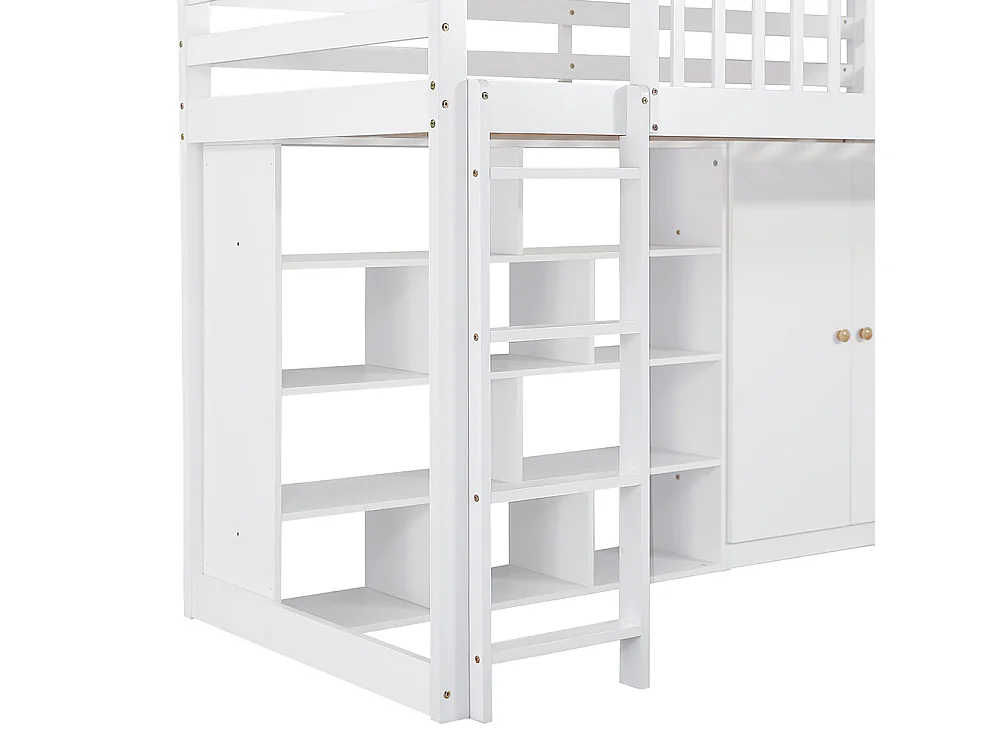 Lit mezzanine enfant 90 x 200 cm avec Toboggan, Armoire, Étagères de rangement, Échelle, Bois massif + MDF, Blanc
