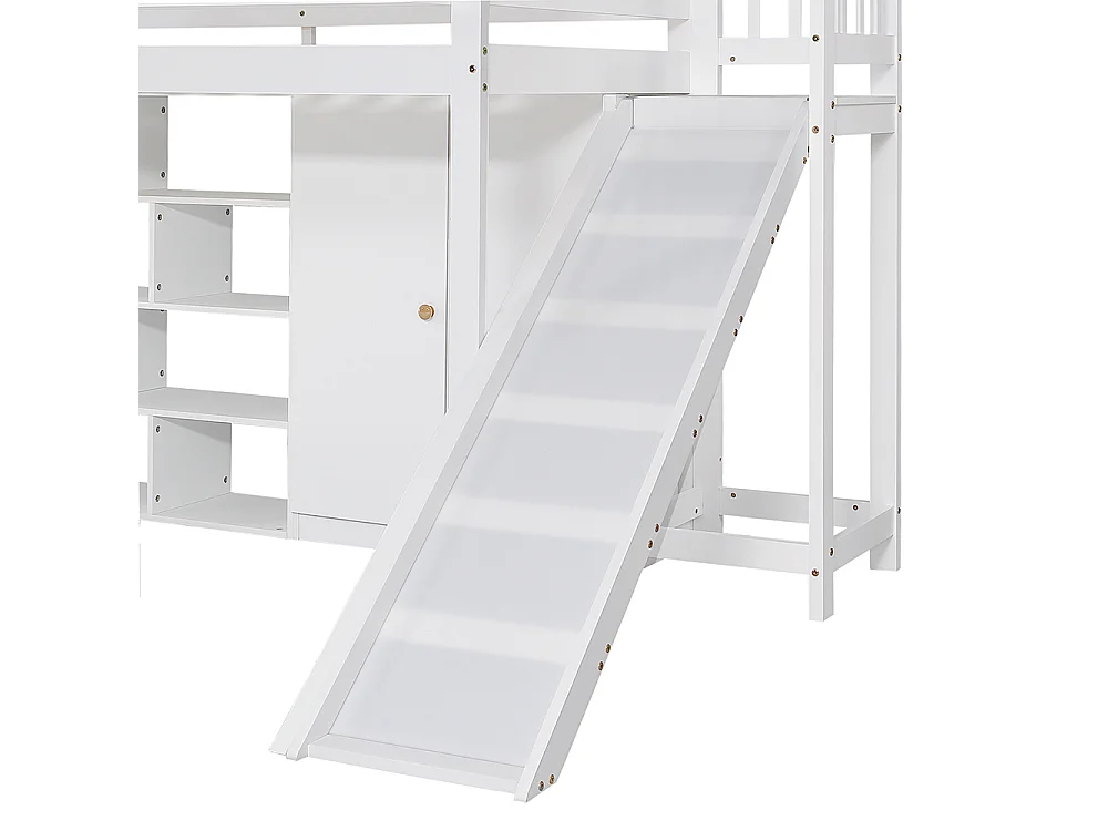 Lit mezzanine enfant 90 x 200 cm avec Toboggan, Armoire, Étagères de rangement, Échelle, Bois massif + MDF, Blanc