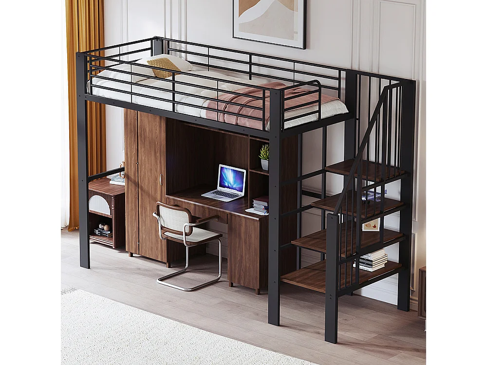 Métal Lit mezzanine 90x200 cm - Avec échelle - Barrières de sécurité - Grand rangement sous le lit - Noir