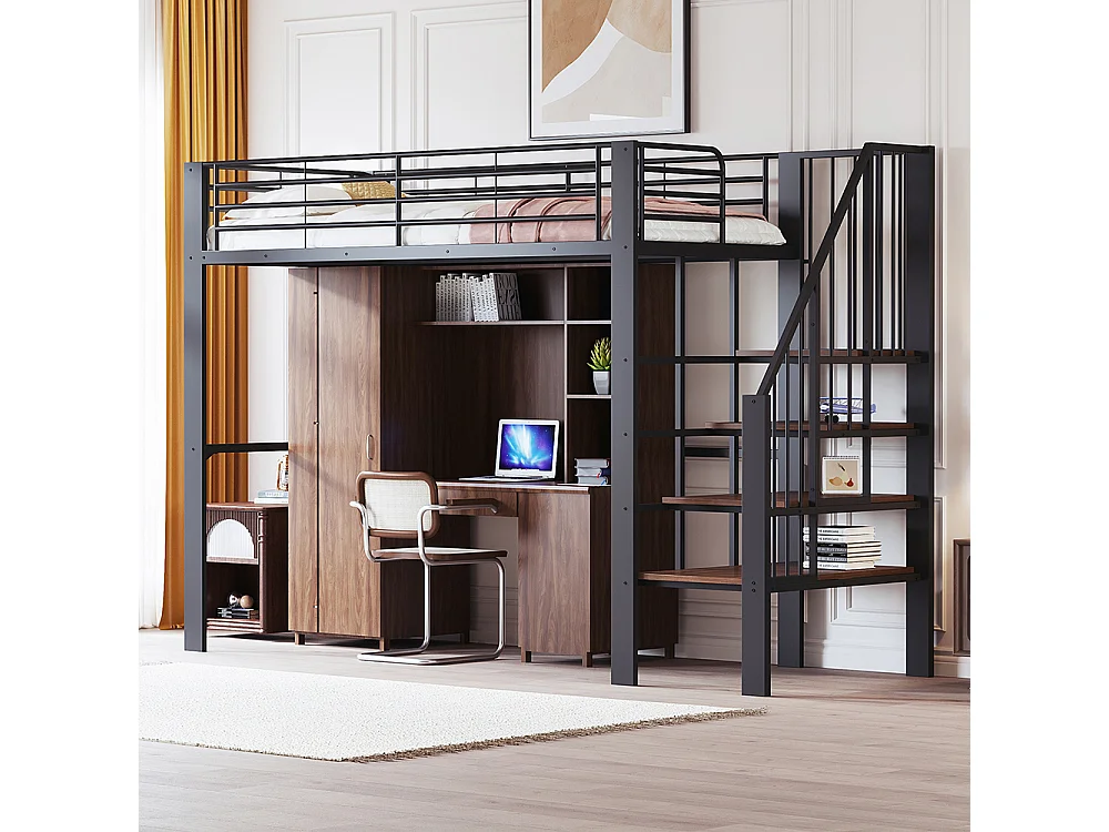 Métal Lit mezzanine 90x200 cm - Avec échelle - Barrières de sécurité - Grand rangement sous le lit - Noir