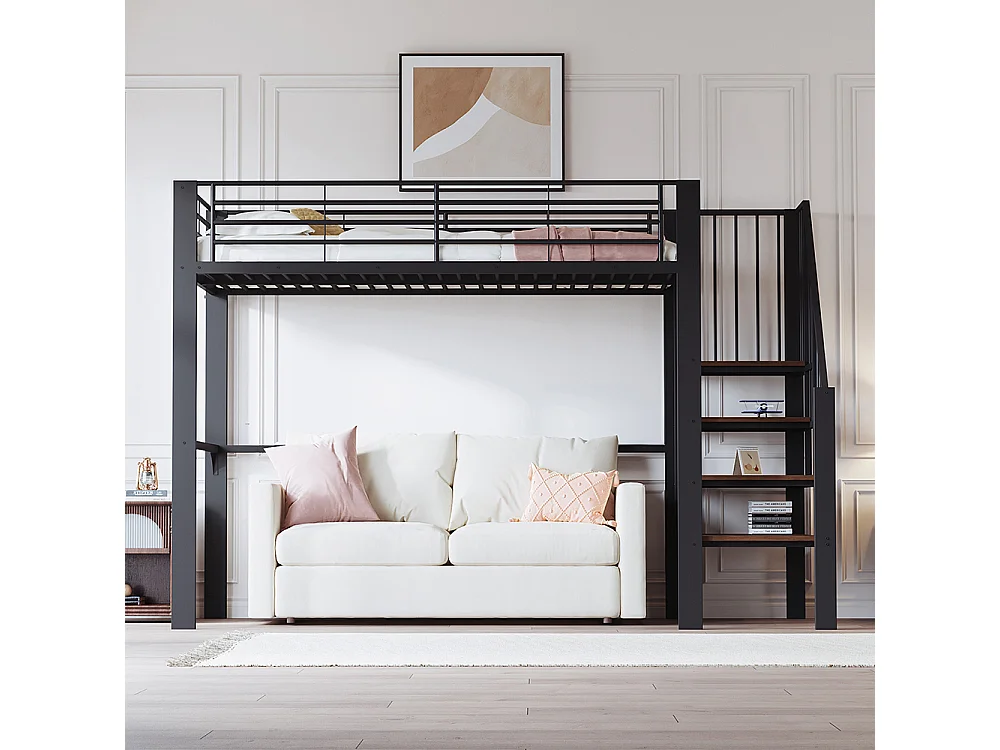Métal Lit mezzanine 90x200 cm - Avec échelle - Barrières de sécurité - Grand rangement sous le lit - Noir