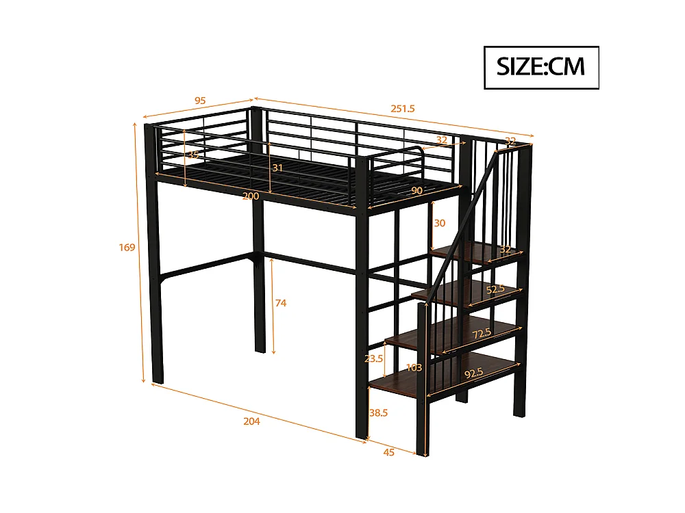 Métal Lit mezzanine 90x200 cm - Avec échelle - Barrières de sécurité - Grand rangement sous le lit - Noir