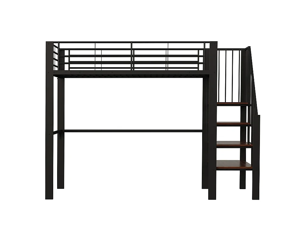Métal Lit mezzanine 90x200 cm - Avec échelle - Barrières de sécurité - Grand rangement sous le lit - Noir