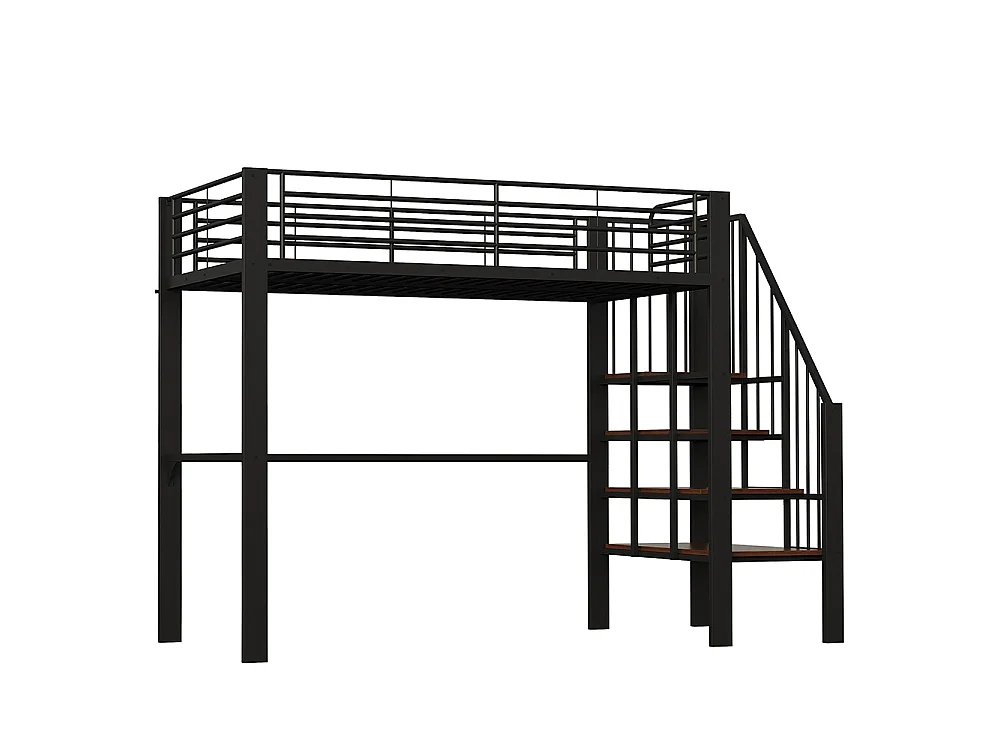 Métal Lit mezzanine 90x200 cm - Avec échelle - Barrières de sécurité - Grand rangement sous le lit - Noir