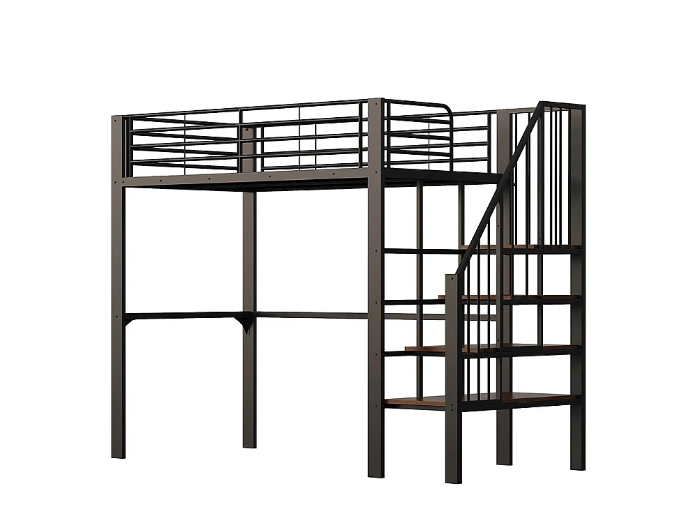 Métal Lit mezzanine 90x200 cm - Avec échelle - Barrières de sécurité - Grand rangement sous le lit - Noir