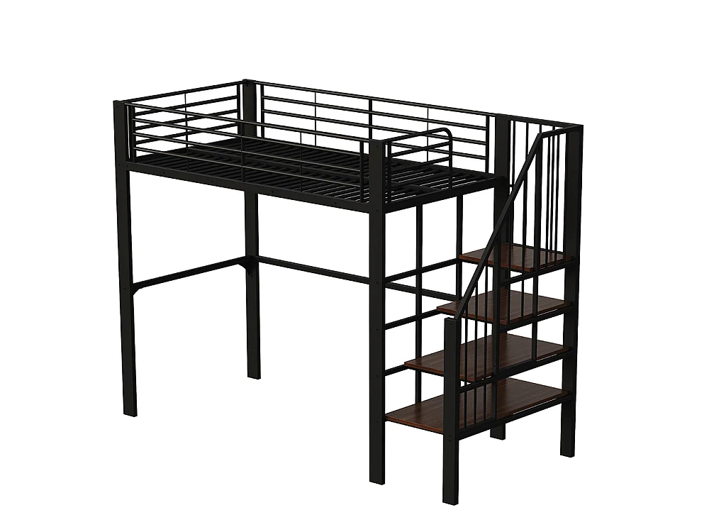 Métal Lit mezzanine 90x200 cm - Avec échelle - Barrières de sécurité - Grand rangement sous le lit - Noir