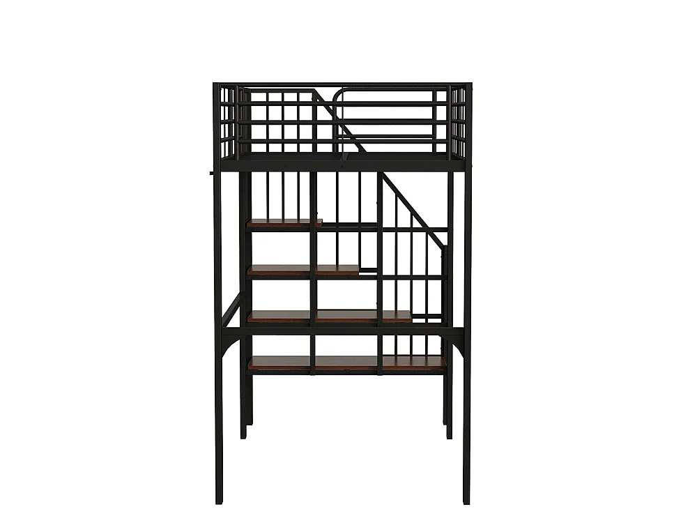 Métal Lit mezzanine 90x200 cm - Avec échelle - Barrières de sécurité - Grand rangement sous le lit - Noir