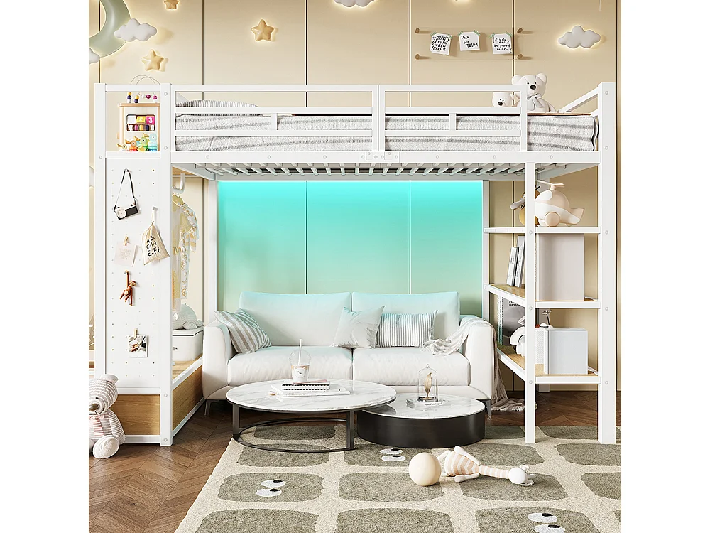 Lit mezzanine 140 x 200 cm en métal avec armoire ouverte, tiroirs, 3 étagères, panneau perforé et éclairage LED, blanc