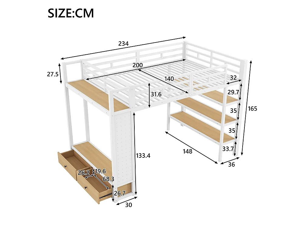 Lit mezzanine 140 x 200 cm en métal avec armoire ouverte, tiroirs, 3 étagères, panneau perforé et éclairage LED, blanc