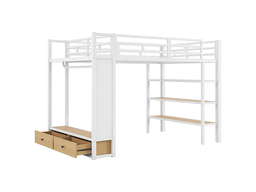 Lit mezzanine 140 x 200 cm en métal avec armoire ouverte, tiroirs, 3 étagères, panneau perforé et éclairage LED, blanc