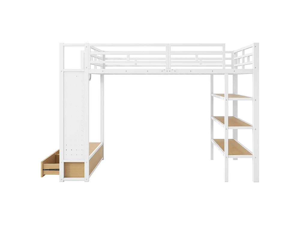 Lit mezzanine 140 x 200 cm en métal avec armoire ouverte, tiroirs, 3 étagères, panneau perforé et éclairage LED, blanc