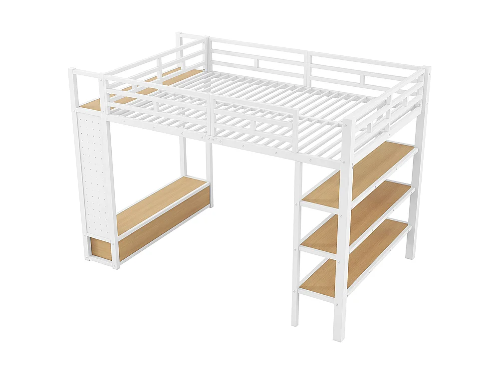 Lit mezzanine 140 x 200 cm en métal avec armoire ouverte, tiroirs, 3 étagères, panneau perforé et éclairage LED, blanc