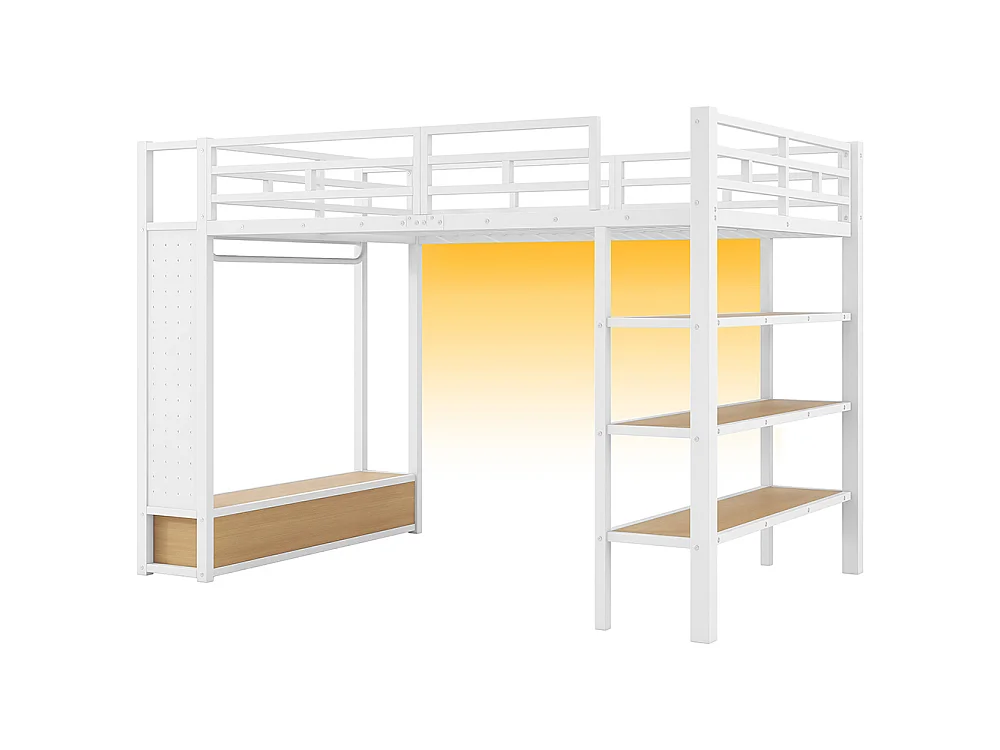 Lit mezzanine 140 x 200 cm en métal avec armoire ouverte, tiroirs, 3 étagères, panneau perforé et éclairage LED, blanc