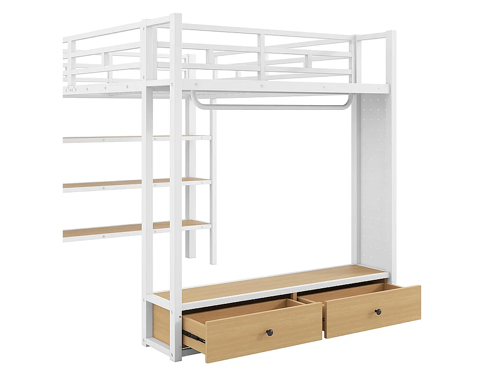 Lit mezzanine 140 x 200 cm en métal avec armoire ouverte, tiroirs, 3 étagères, panneau perforé et éclairage LED, blanc