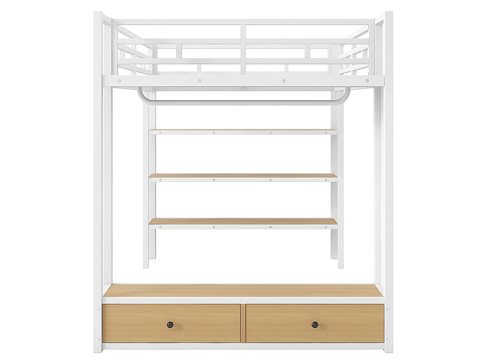 Lit mezzanine 140 x 200 cm en métal avec armoire ouverte, tiroirs, 3 étagères, panneau perforé et éclairage LED, blanc