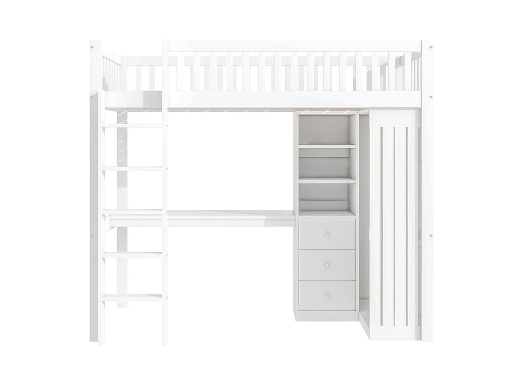 Lit Mezzanine 1 Place 90x200cm avec Bureau, Armoire, 3 tiroirs et rangement ouvert, Design de clôture haute, Cadre de lit en pin, Blanc