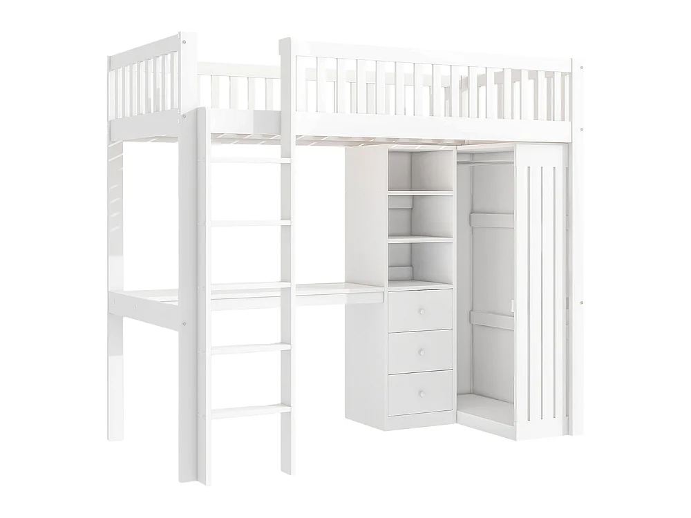 Lit Mezzanine 1 Place 90x200cm avec Bureau, Armoire, 3 tiroirs et rangement ouvert, Design de clôture haute, Cadre de lit en pin, Blanc