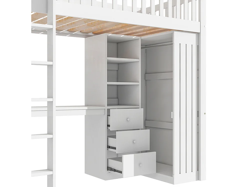 Lit Mezzanine 1 Place 90x200cm avec Bureau, Armoire, 3 tiroirs et rangement ouvert, Design de clôture haute, Cadre de lit en pin, Blanc