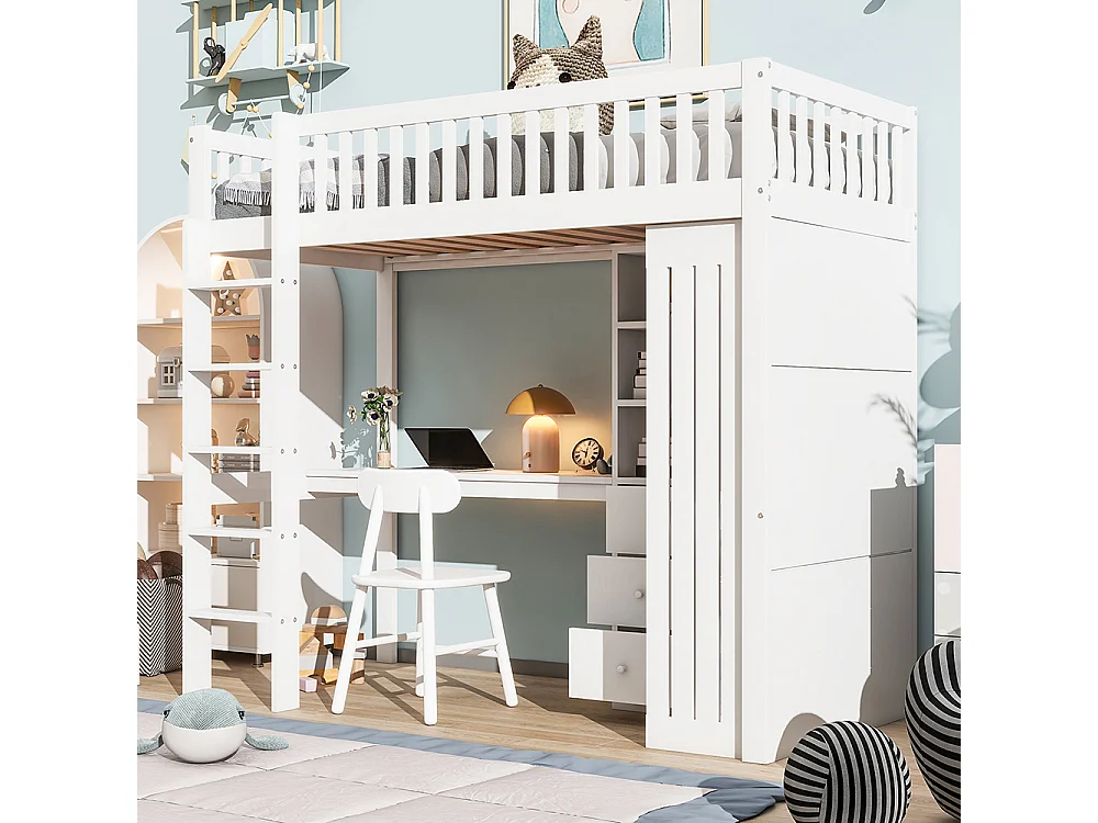 Lit Mezzanine 1 Place 90x200cm avec Bureau, Armoire, 3 tiroirs et rangement ouvert, Design de clôture haute, Cadre de lit en pin, Blanc