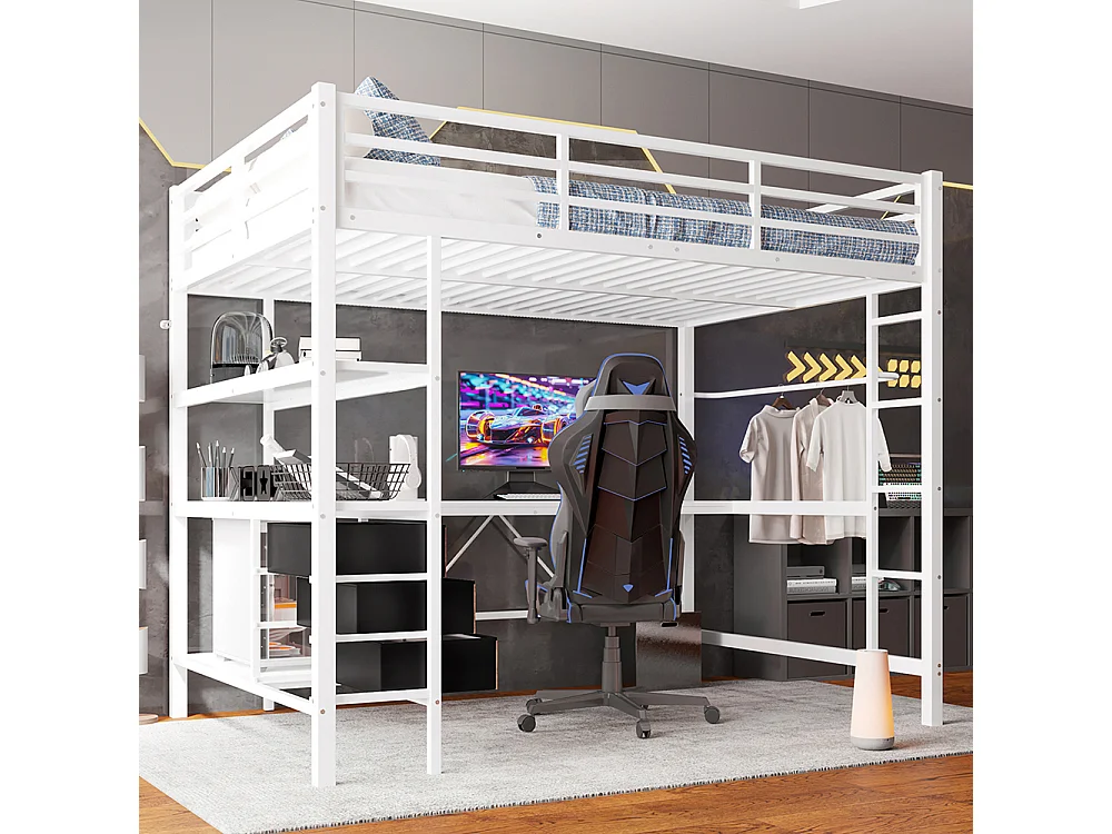 Lit mezzanine 140x200 cm - avec éclairage LED - Bureau en L - 3 tiroirs - ports USB - étagère - escalier - porte-manteau - blanc