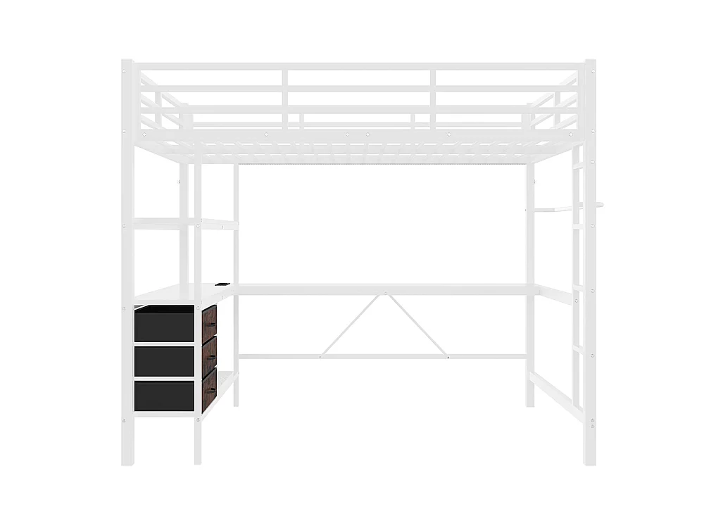 Lit mezzanine 140x200 cm - avec éclairage LED - Bureau en L - 3 tiroirs - ports USB - étagère - escalier - porte-manteau - blanc