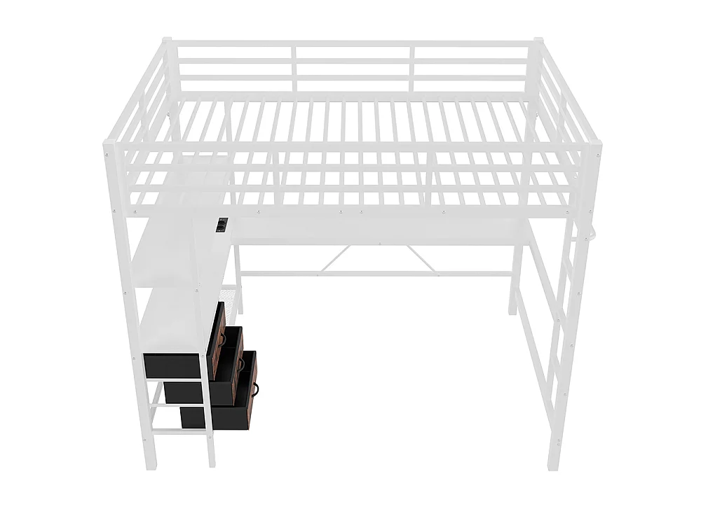 Lit mezzanine 140x200 cm - avec éclairage LED - Bureau en L - 3 tiroirs - ports USB - étagère - escalier - porte-manteau - blanc
