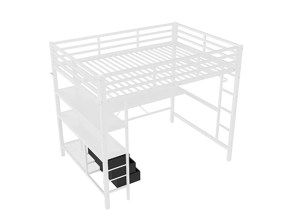 Lit mezzanine 140x200 cm - avec éclairage LED - Bureau en L - 3 tiroirs - ports USB - étagère - escalier - porte-manteau - blanc