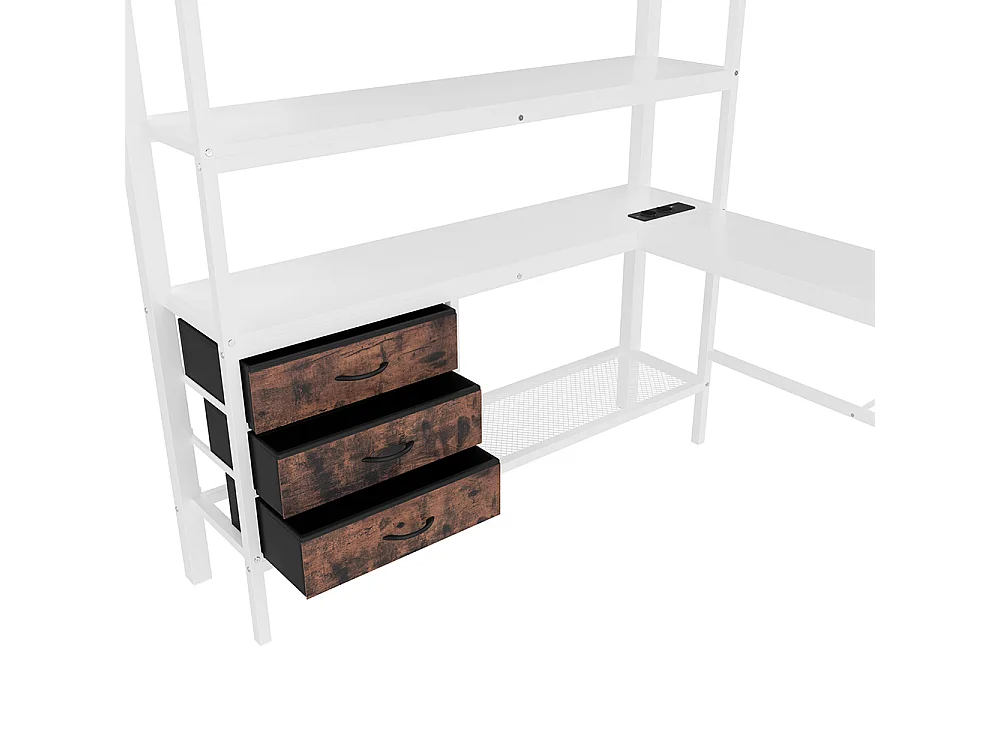 Lit mezzanine 140x200 cm - avec éclairage LED - Bureau en L - 3 tiroirs - ports USB - étagère - escalier - porte-manteau - blanc