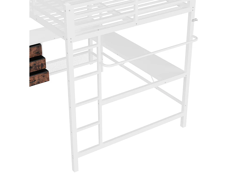 Lit mezzanine 140x200 cm - avec éclairage LED - Bureau en L - 3 tiroirs - ports USB - étagère - escalier - porte-manteau - blanc