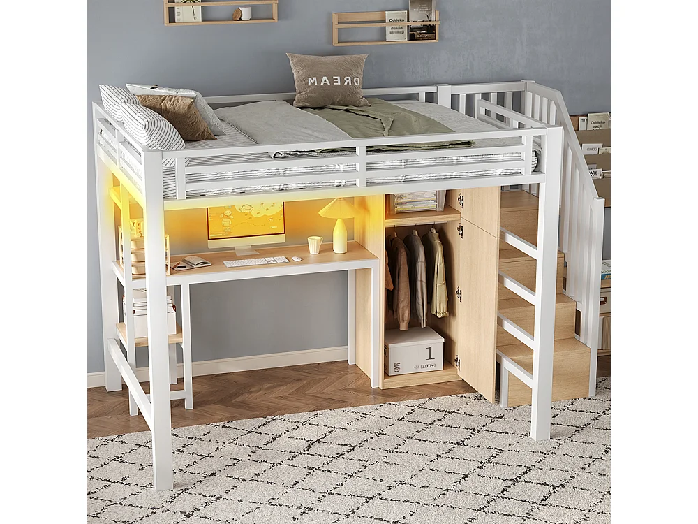 Lit mezzanine en métal 140 x 200 cm avec bureau, étagère, armoire, escalier de rangement, éclairage LED, blanc