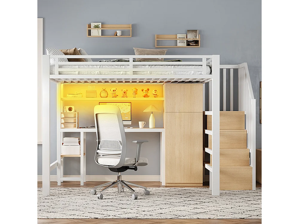 Lit mezzanine en métal 140 x 200 cm avec bureau, étagère, armoire, escalier de rangement, éclairage LED, blanc