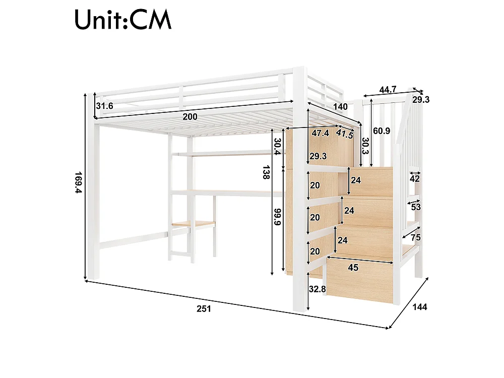 Lit mezzanine en métal 140 x 200 cm avec bureau, étagère, armoire, escalier de rangement, éclairage LED, blanc