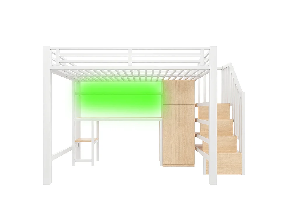 Lit mezzanine en métal 140 x 200 cm avec bureau, étagère, armoire, escalier de rangement, éclairage LED, blanc