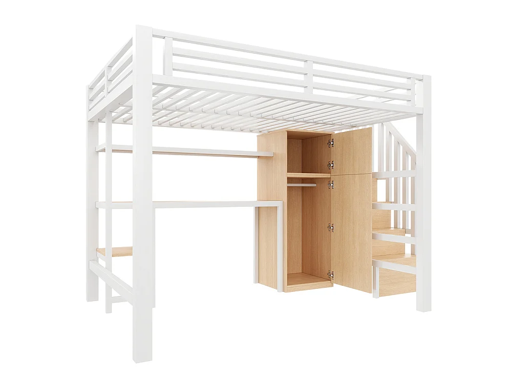 Lit mezzanine en métal 140 x 200 cm avec bureau, étagère, armoire, escalier de rangement, éclairage LED, blanc