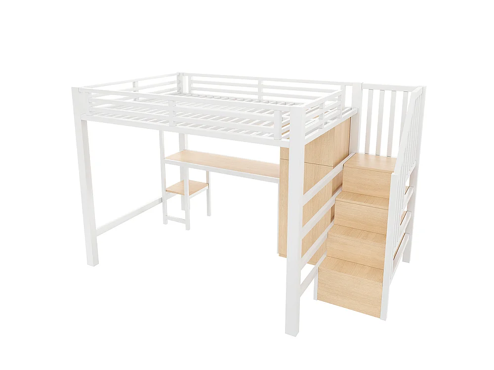Lit mezzanine en métal 140 x 200 cm avec bureau, étagère, armoire, escalier de rangement, éclairage LED, blanc