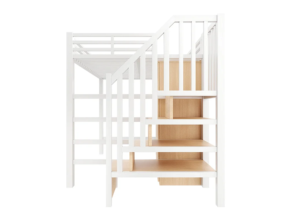 Lit mezzanine en métal 140 x 200 cm avec bureau, étagère, armoire, escalier de rangement, éclairage LED, blanc