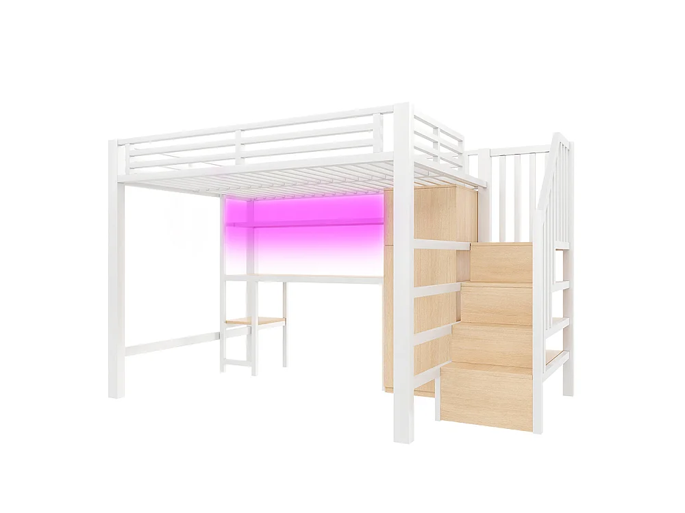 Lit mezzanine en métal 140 x 200 cm avec bureau, étagère, armoire, escalier de rangement, éclairage LED, blanc