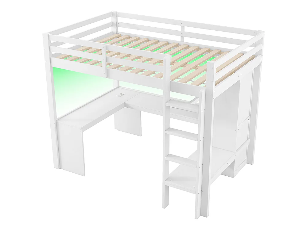 Lit mezzanine 140 x 200 cm avec bureau - armoire ouverte - étagères - éclairage LED - prise de recharge - bois de pin - blanc