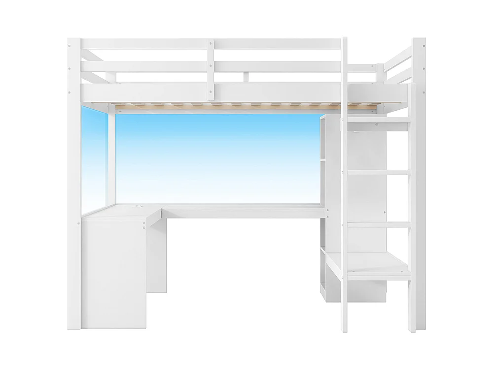 Lit mezzanine 140 x 200 cm avec bureau - armoire ouverte - étagères - éclairage LED - prise de recharge - bois de pin - blanc