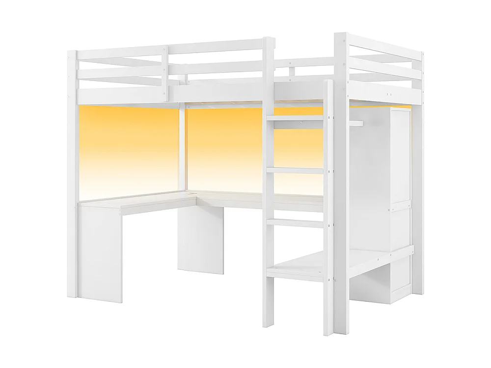 Lit mezzanine 140 x 200 cm avec bureau - armoire ouverte - étagères - éclairage LED - prise de recharge - bois de pin - blanc