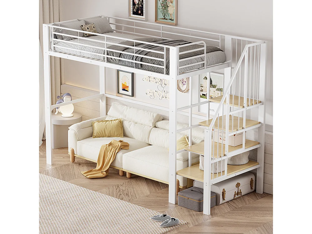 Métal Lit mezzanine 90x200 cm - Avec échelle - Barrières de sécurité - Grand rangement sous le lit - Blanc