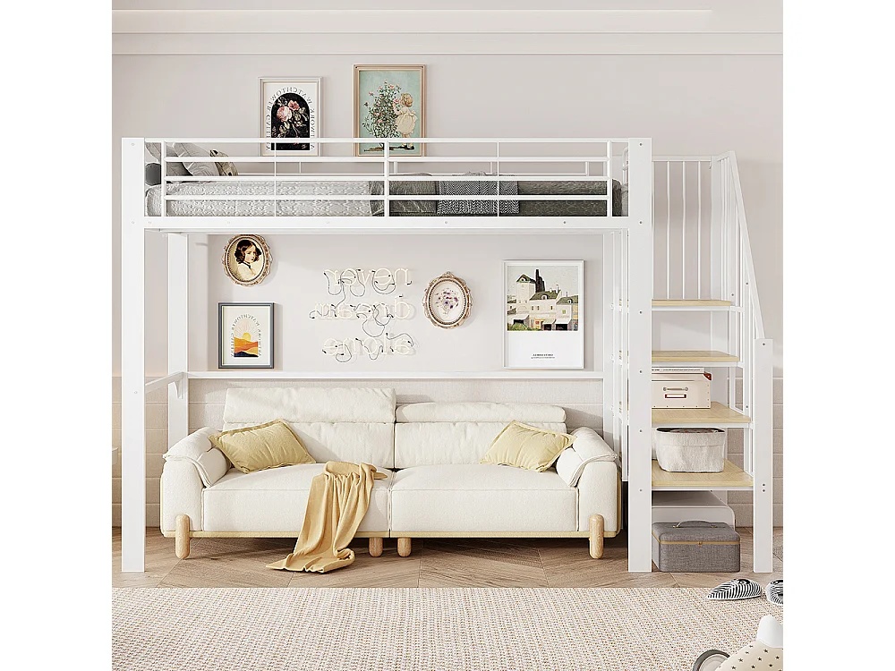 Métal Lit mezzanine 90x200 cm - Avec échelle - Barrières de sécurité - Grand rangement sous le lit - Blanc