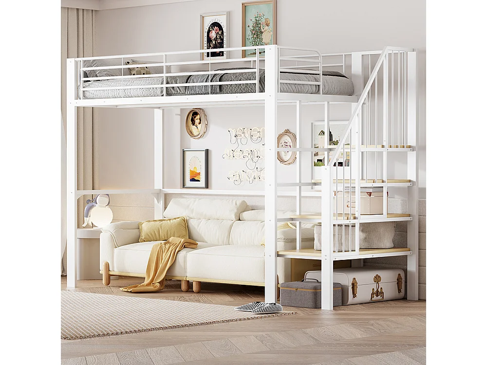 Métal Lit mezzanine 90x200 cm - Avec échelle - Barrières de sécurité - Grand rangement sous le lit - Blanc