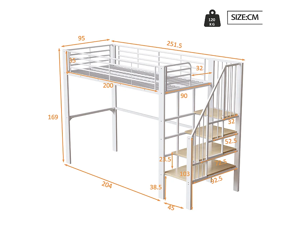 Métal Lit mezzanine 90x200 cm - Avec échelle - Barrières de sécurité - Grand rangement sous le lit - Blanc