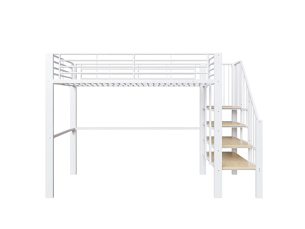 Métal Lit mezzanine 90x200 cm - Avec échelle - Barrières de sécurité - Grand rangement sous le lit - Blanc