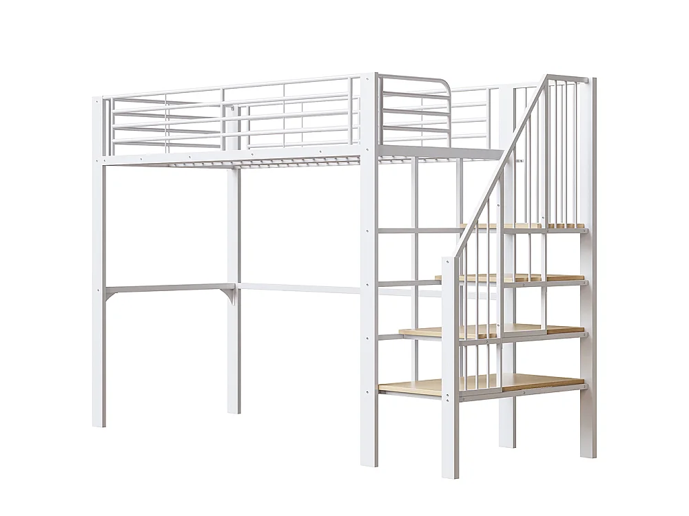 Métal Lit mezzanine 90x200 cm - Avec échelle - Barrières de sécurité - Grand rangement sous le lit - Blanc