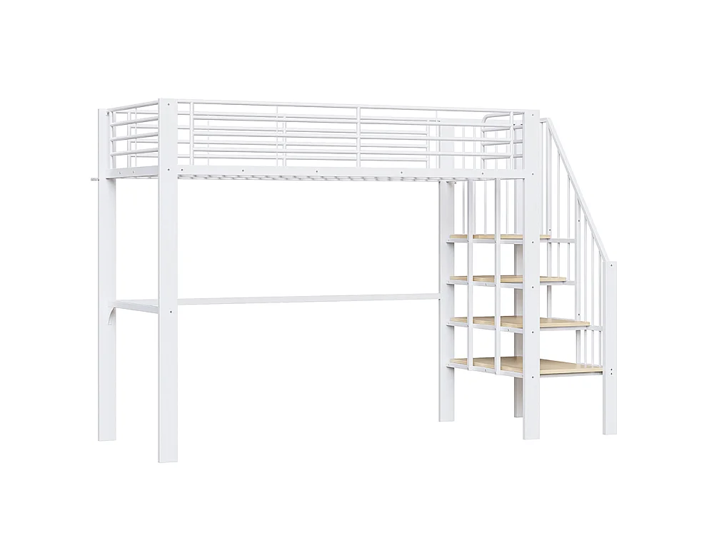 Métal Lit mezzanine 90x200 cm - Avec échelle - Barrières de sécurité - Grand rangement sous le lit - Blanc